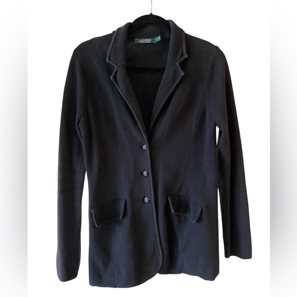 Lauren Ralph Lauren Black Cardigan Sweater Button Collar 100% Cotton Size Medium